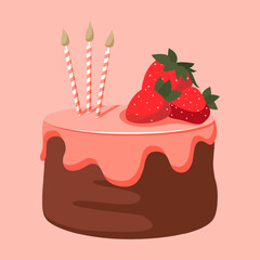 Cartoon birthday chocolate cake with pink icing, strawberry and candles for celebration design. Colorful cartoon vector illustration. Sweet holiday food. - 570429549