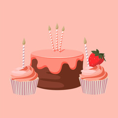Cartoon birthday chocolate cake with pink icing, pink cupcake muffin with strawberry and candles stand for celebration design. Colorful cartoon vector illustration. Sweet holiday food.