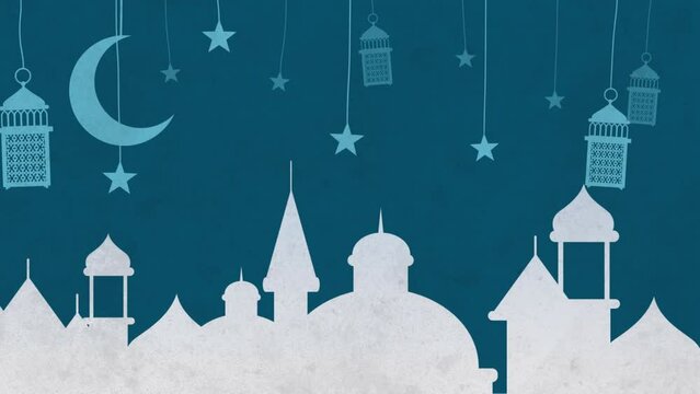 Animation of crescent, stars and mosque buildings in background