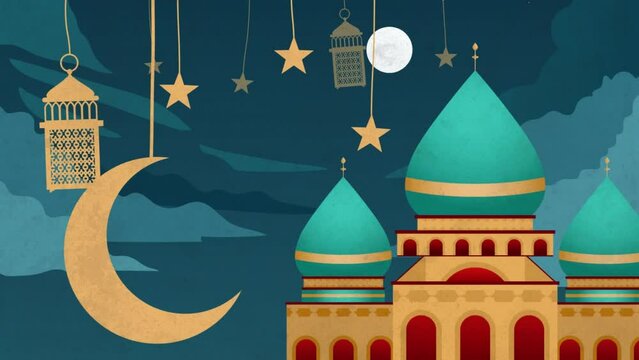 Animation of crescent, stars and mosque building in background