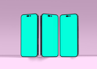 Three smartphones 14 pro max mockup for App and Website UI branding. 2 Phones in front and back side. 3D render