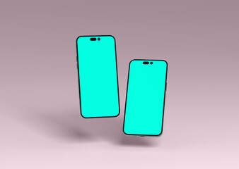 Smartphones 14 pro max mockup for App and Website UI branding. 2 Phones in front side. 3D render