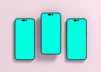 Three smartphones 14 pro max mockup for App and Website UI branding. 2 Phones in front and back side. 3D render