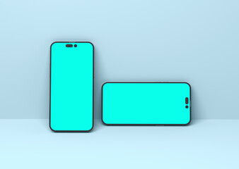 Two smartphones 14 pro max mockup for App and Website UI branding. 2 Phones in front and back side. 3D render