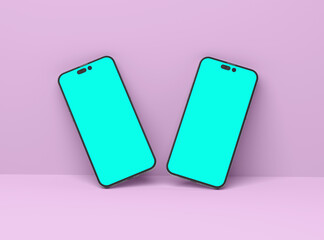 Two smartphones 14 pro max mockup for App and Website UI branding. 2 Phones in front and back side. 3D render
