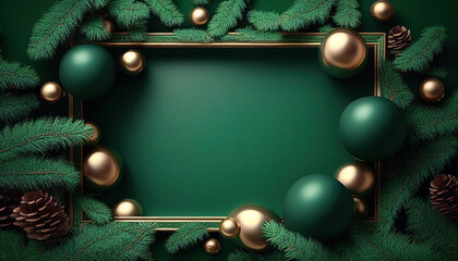 Christmas frame background with green and gold balls decoration, fir tree branches, Christmas card template.