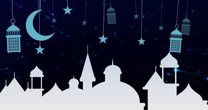 Animation of crescent, stars and mosque buildings in background