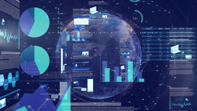 Animation of infographic interface over connected dots and rotating globe in background