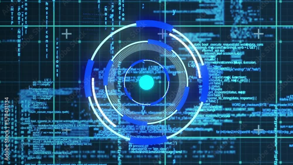 Poster animation of lines in illuminated circles over grid pattern against computer language in background