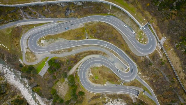 Top down view on the impressive curves of the Oberalp Pass road, Andermatt, Switzerland.