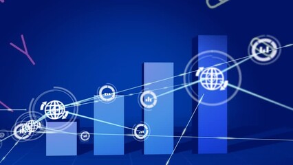 Animation of network of icons and changing numbers and alphabets over statistical data processing - Powered by Adobe