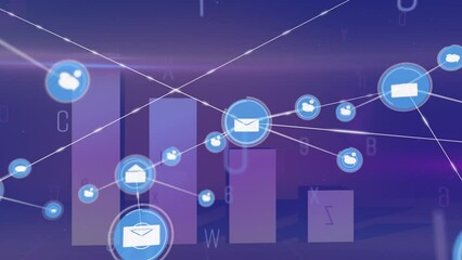 Animation of network of icons and changing numbers and alphabets over statistical data processing - Powered by Adobe