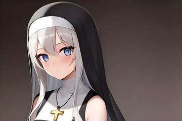 Cute and shy anime manga girl dressed in a nun outfit. Generative AI