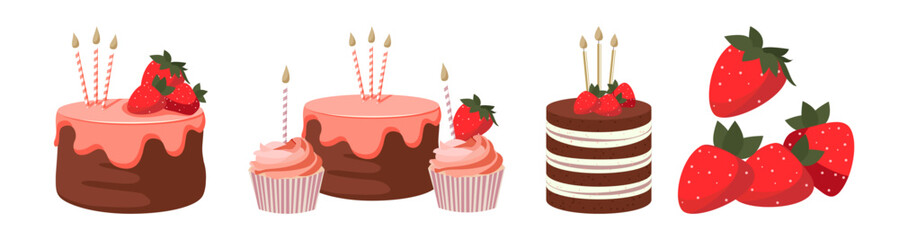 Cartoon birthday cake cupcake with strawberry and candles stand for celebration design. Colorful cartoon vector illustration. Sweet holiday food.