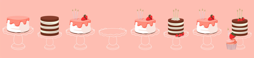Cartoon birthday cake cupcake with strawberry and candles stand for celebration design. Colorful cartoon vector illustration. Sweet holiday food. - 570431979