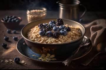 Oatmeal with blueberries and blackberry Illustration Generative AI