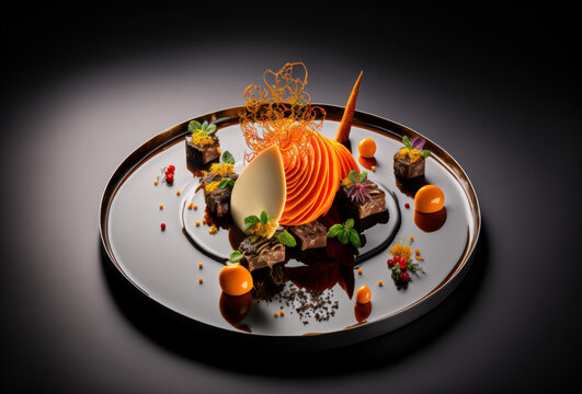 Pastel de zanahorias y chocolate blanco, cocina de autor, plato de chef, postre de lujo, creada con IA generativa