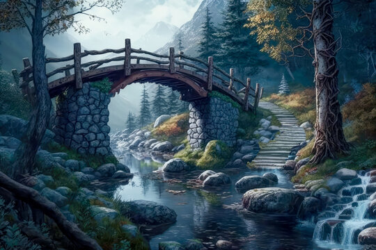 Bridge over scenic river, Majestic landscape, stone bridge