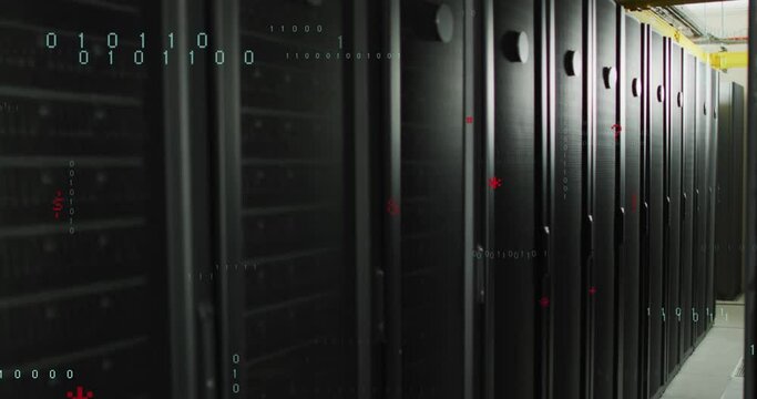 Animation of binary coding data processing and symbols against computer server room