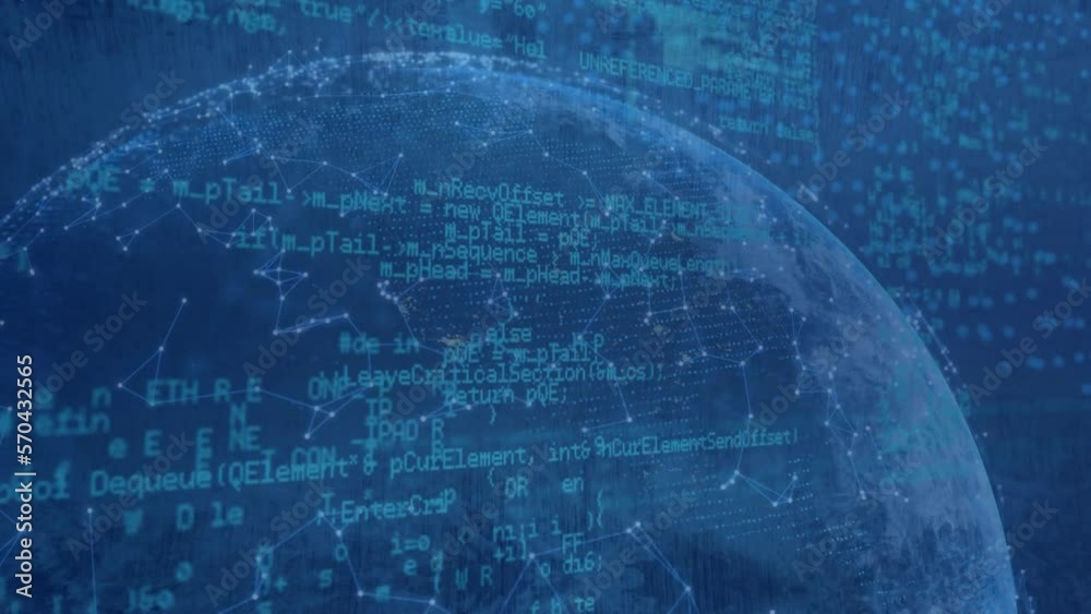 Poster animation of data processing and network of connections over globe against blue background