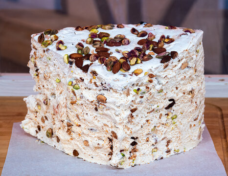A big peace of a traditional french nougat in a store of Colmar, Alsace