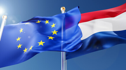 holland and European Union flags waving in the wind against a blue sky. netherlands, eu national symbols 3d rendering - obrazy, fototapety, plakaty