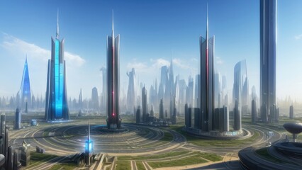 Naklejka na ściany i meble Futuristic skyscrapers of the city of the future