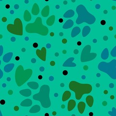 Cartoon animals seamless footprints dig and cat and polka dots and hearts pattern for wrapping paper and kids