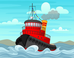 Vector illustration of a red, black and yellow tugboat sailing in a watery scene. - obrazy, fototapety, plakaty