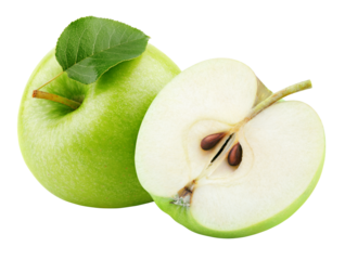 Ripe green apple fruit with apple half and green leaf isolated on transparent background
