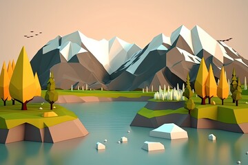 Mountain and lake stylized landscape, polygon style background in spring, ai