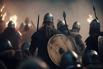 Vikings, Normans warriors and generals fighting on the battlefield, epic battle scene. Generative AI. - obrazy, fototapety, plakaty