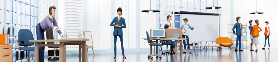 Groups of business people talking together and sharing ideas whilst standing in an office. 3D rendering illustration