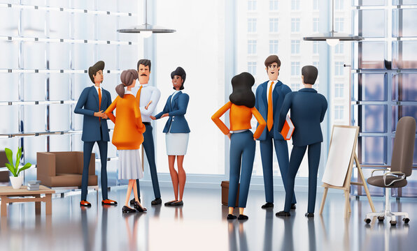 Groups of business people talking together and sharing ideas whilst standing in an office. 3D rendering wide illustration