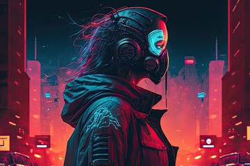 3d illustration of a cyberpunk girl in futuristic gas mask red and blue, ai
