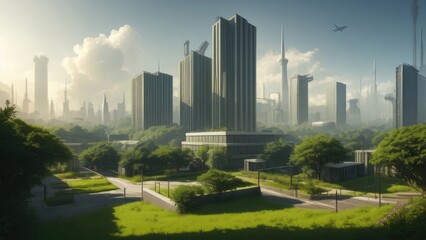 Obraz premium An overgrown green metropolis. People have left the city. Postapocalypse