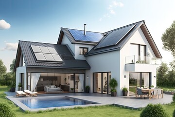 Home rendering in 3d with solar panels and pool