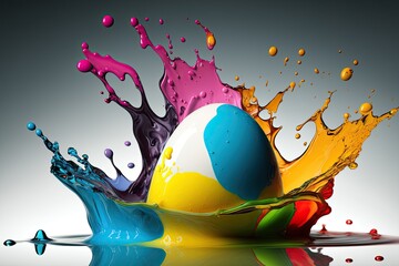 Obraz na płótnie Canvas Easter egg colorful dropping into water filled with colorful paint, ai