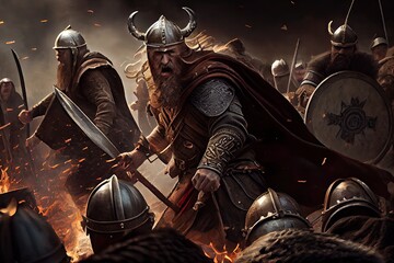 Vikings, Normans warriors and generals fighting on the battlefield, epic battle scene. Generative AI.
