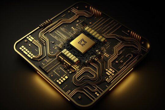 Image of neon integrated circuit on gold and black background, ai