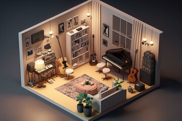 Isometric view of a music room 3d rendering, ai
