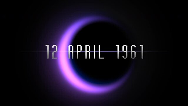 12 April 1961 with purple light of black planet in galaxy, motion abstract futuristic, cosmos and sci-fi style background