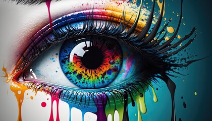 Human eye close up with colorful paint , ink splashes and drips, Generative AI
