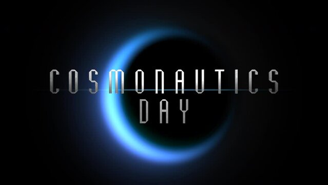 Cosmonautics Day with blue light of black planet in galaxy, motion abstract futuristic, cosmos and sci-fi style background