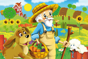 cartoon farm ranch scene with farmer boy different animals and pumpkins illustration for children