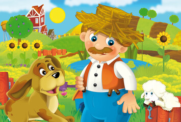 Obraz na płótnie Canvas cartoon farm ranch scene with farmer boy different animals and pumpkins illustration for children