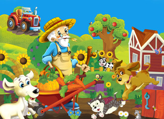 Obraz na płótnie Canvas cartoon farm ranch scene with farmer boy different animals and pumpkins illustration for children