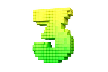 Digital typeface pixel art style digit number 3 in green and yellow. High definition 3D rendering.