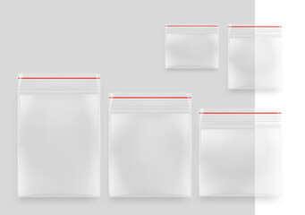 Zipper locking bag mockups of different proportions. Vector illustration. Ready for your design. EPS10.	