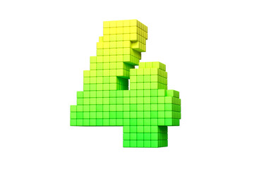 Pixel lettering 3D digit number 4 in yellow and green color scheme. High quality 3D rendering.